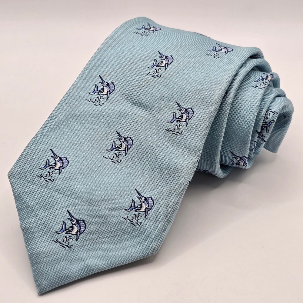 Tommy‎ Bahama Tie Mens Light Blue Marlin Embroidered Silk Novelty